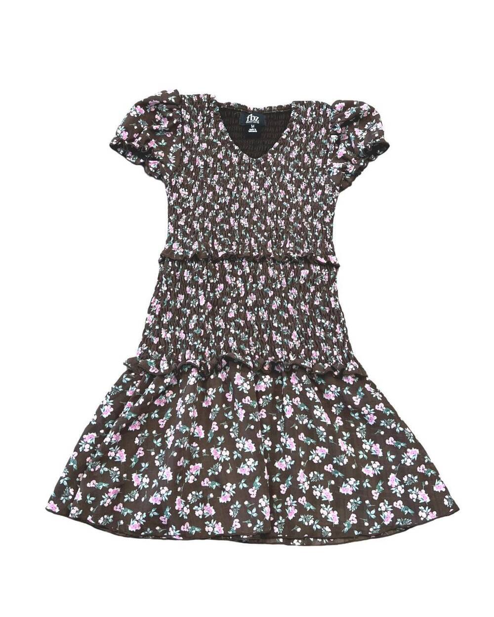 NEW FLOWERS BY ZOE girl's puff sleeve dress in brown floral